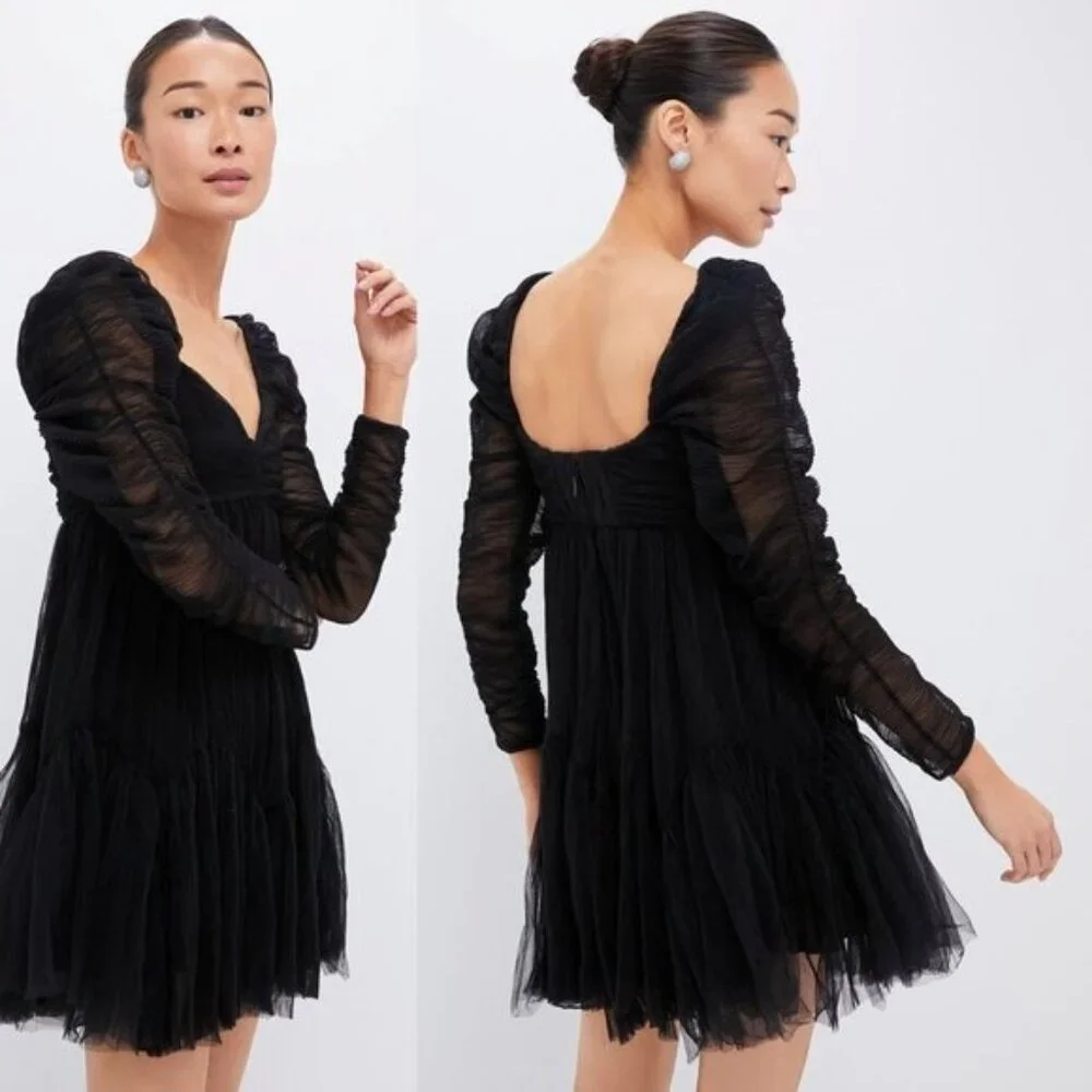 Moon River NEW Black Tulle Long Sleeve Sweetheart Party Mini Dress Size M - Picture 2 of 10